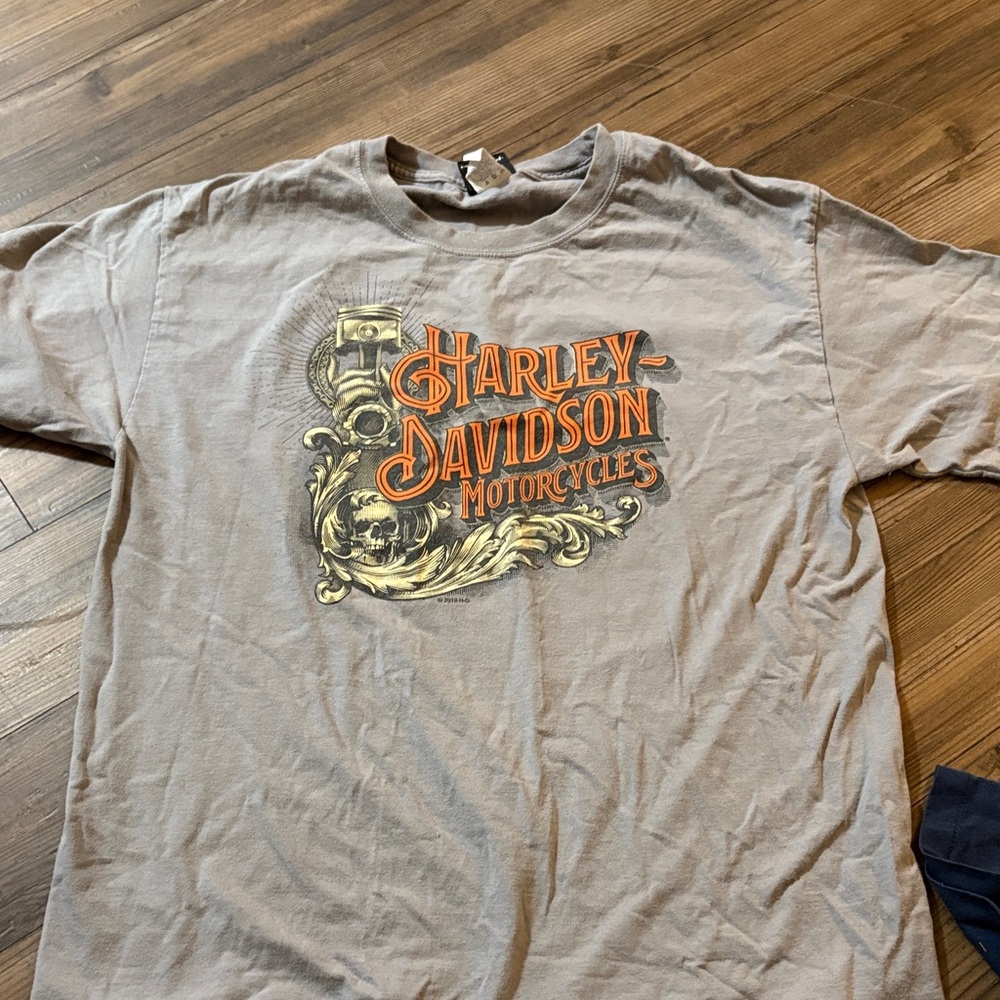 Harley-Davidson Gray T-Shirt with Orange Logo and Gold Graphic